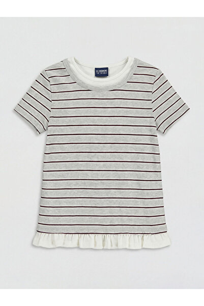 LC Waikiki Trendlucky Girls' T-Shirt with Oval Collar and Stripes