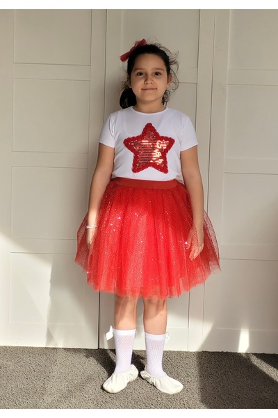 Handmade Kız Çocuk Kırmızı Simli Tütü Etek