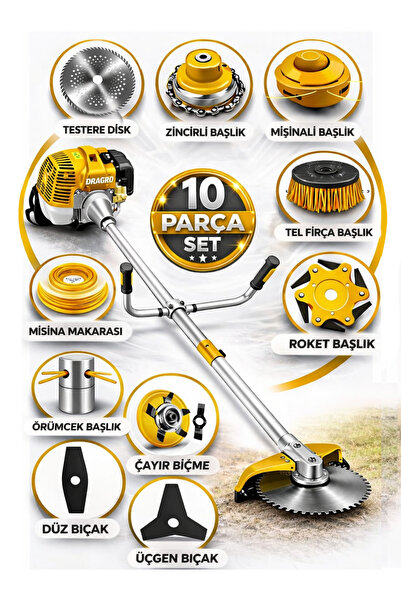 Dragro German DRG-10 + Yan Tipi Benzinli Ot Çalı Çim Biçme Tırpanı + Full Set...