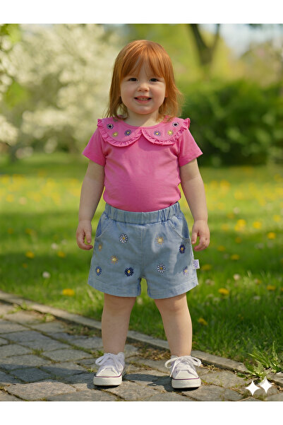 EYMİRGİYİM Daisy Embroidered Cotton Piece Combed Cotton Shorts Set for Baby G...