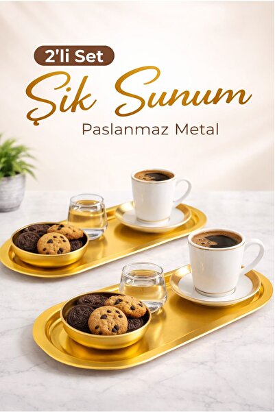 Kitchen Beauty 2'li Gold Oval Sunumluk Tepsi Metal Servis Tepsisi Kahve Sunum...