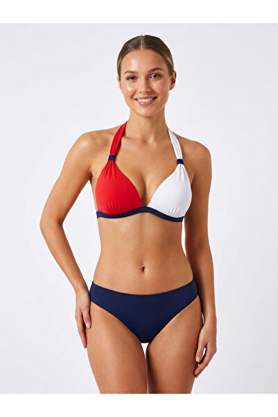 Donnita Navy Blue Red White Color Block Half Supported Halter Neck Bikini Set...