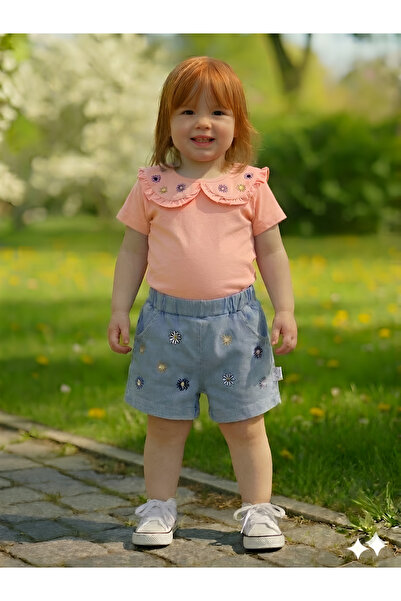 EYMİRGİYİM Daisy Embroidered Cotton Piece Combed Cotton Shorts Set for Baby G...