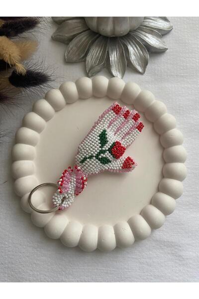 Handmade KUM BONCUK EL İŞİ BEYAZ PEMBE GÜLLÜ EL ANAHTARLIK