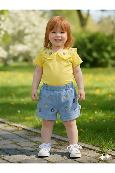 EYMİRGİYİM Daisy Embroidered Cotton Piece Combed Cotton Shorts Set for Baby G...