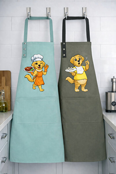 Hulganz Kitchen Apron Set of 2 Stain-Resistant Water-Repellent Fabric Fade-Re...