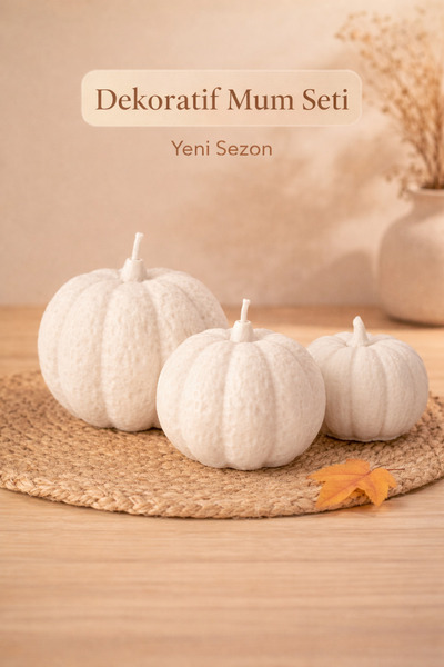 beyra decor Premium Beyaz Balkabağı Mum Seti 3’lü – El Yapımı Dekoratif Hediy...