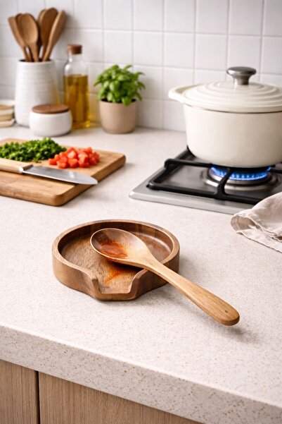 MİS KİTCHEN Acacia Dirty Spoon Holder Natural Wood Spoon Rest Kitchen Counter...