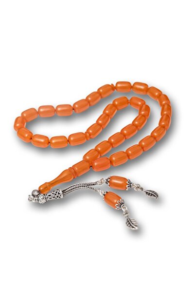 Inure Jewelry Ασημένια φούντα με πορτοκαλί κομμένο κεχριμπάρι, χάντρες προσευχής