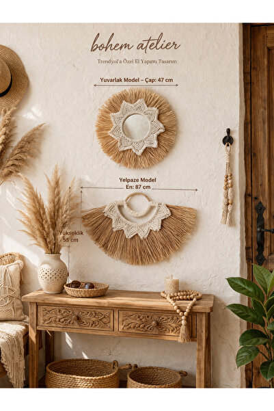 BOHEM Atelier El Yapımı Makromeli Rafya Ayna & Yelpaze Duvar Süsü 2’li Set