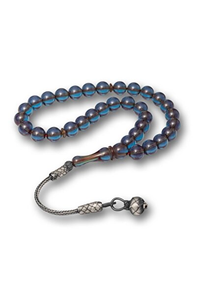 Inure Jewelry سبحة من العنبر الأزرق الشفاف مع كرة فضية وشرابة كازاز