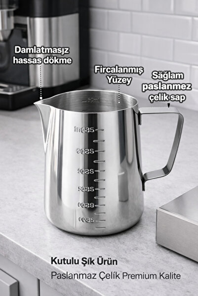 DİES 304 Çelik 600 ml Kahve Süt Köpürtme Potu Pitcher Latte Art Sütlük Sos Kr...