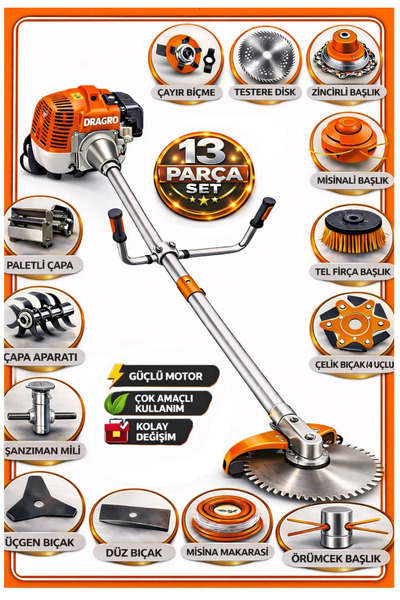 Dragro German DRG-13 + Yan Tipi Benzinli Ot Çalı Çim Biçme Tırpanı + Full Set...