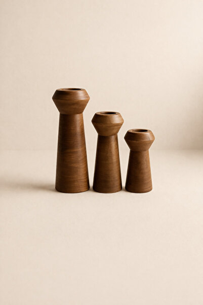 MİS KİTCHEN 3’lü Seramik Şamdan Seti Kahverengi Dekoratif Mumluk Minimal Mode...