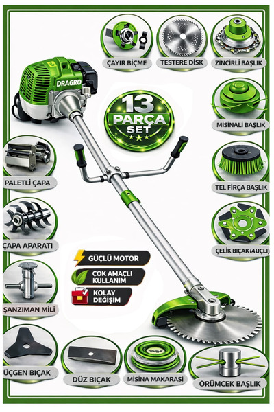 Dragro German DRG-13 + Yan Tipi Benzinli Ot Çalı Çim Biçme Tırpanı + Full Set...
