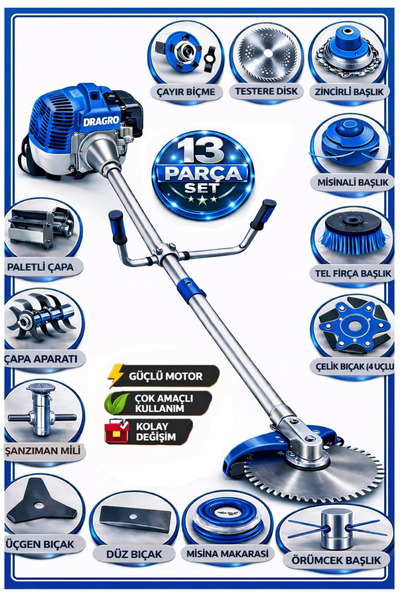 Dragro German DRG-13 + Yan Tipi Benzinli Ot Çalı Çim Biçme Tırpanı + Full Set...