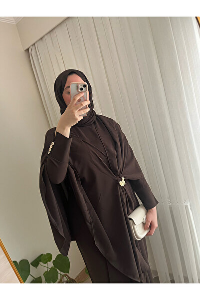 KEİVA Broş Detaylı Drapeli Üçlü Şal Takım-Koyu Kahverengi-