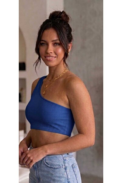 ZUM One-Shoulder Blue Cropped Bustier Ribbed Camisole Women's Gathering Lycra...