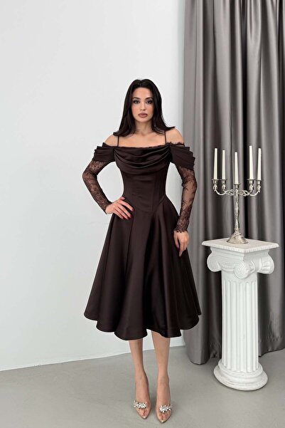 Serica Moda Brown Off-Shoulder Lace Detailed Midi Evening Dress