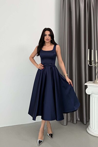 Serica Moda Navy Blue Square Neck Strap Belted Satin Midi Evening Dress
