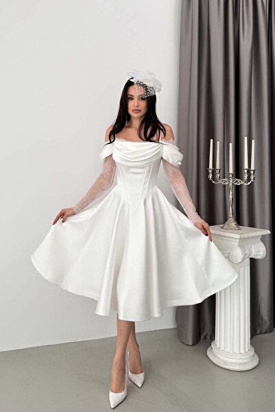 Serica Moda White Off-Shoulder Lace Detailed Midi Evening Dress