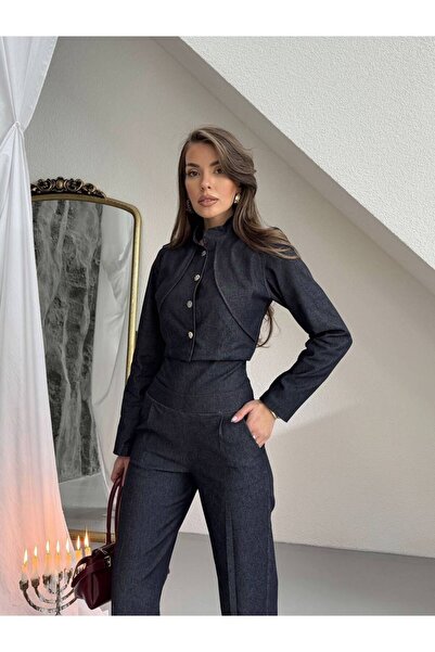 LOKADI Women's Judge Collar Short Jacket and High Waist Spanish Flare Pants Set