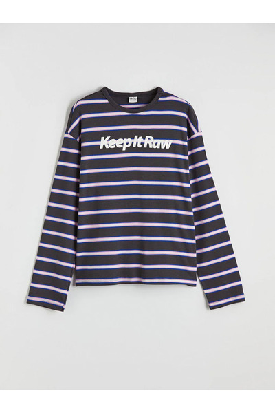 LC Waikiki تيشيرت LCW Kids Anthracite بياقة دراجة مخطط للبنات