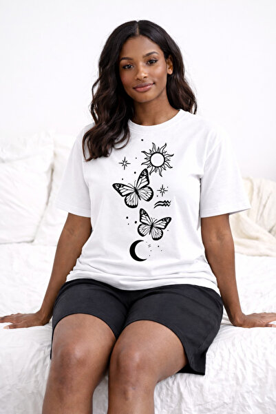 EFFRENATU طقم تي شيرت وشورت نسائي من القطن المطبوع بنقشة الفراشات، ملابس منزل...