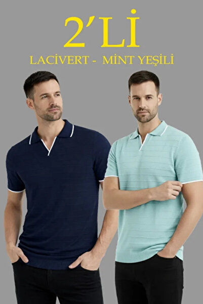 Modayakamoz Ανδρικό κοντομάνικο πλεκτό μπλουζάκι με γιακά χωρίς κουμπιά, σετ ...