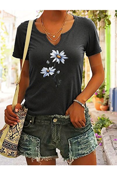 mercoledi Women's Feather Printed Half V-Neck Sleeves Regular Fit Casual T-Shirt