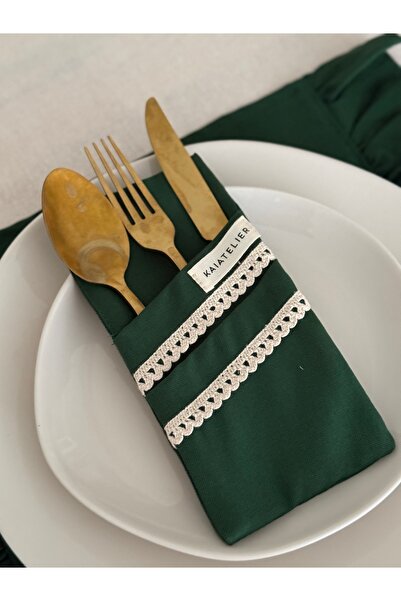 KaiAtelier 2 Pieces Mossy Linen Lace Detailed 2-Compartment Spoon Holder / Na...