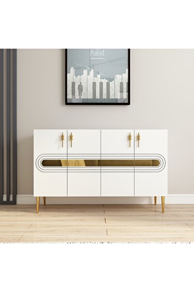 morepp Karsu 120 cm Konsol, Tv Ünitesi, Çok Amaçlı Dolap Beyaz-Altın