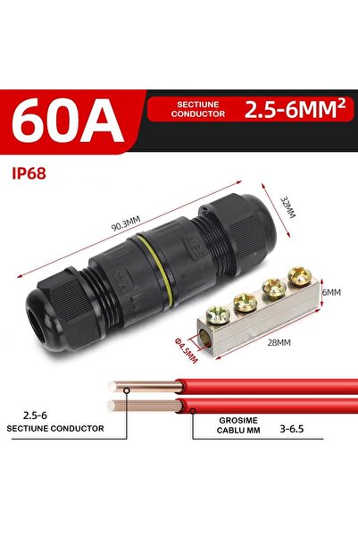 Onuvio Conector inline impermeabil IP68 60A, cu bară colectoare din cupru, 2.5–6 mm², M25, diametru cablu 3–6.5 mm