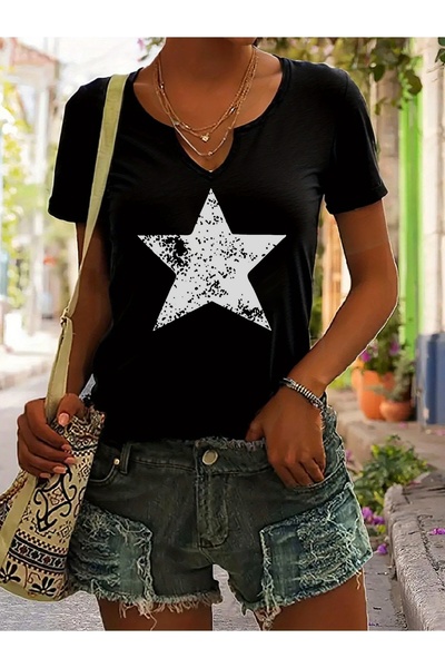 mercoledi Tricou confortabil pentru femei, cu imprimeu cu stele, cu decolteu ...