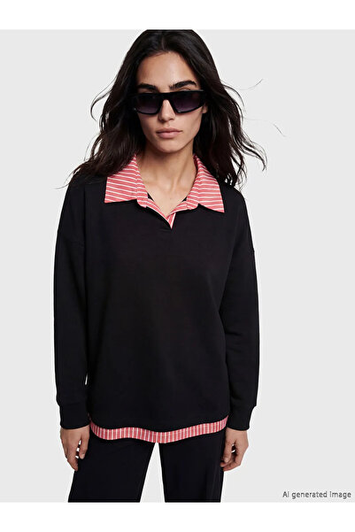 LC Waikiki Natuvera Black Shirt Collar Striped Blouse