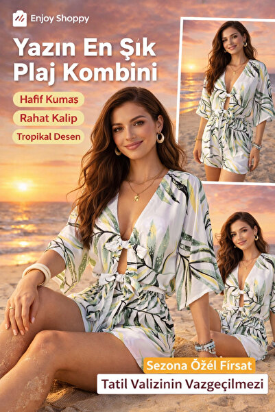 Enjoy Women's Tropical Patterned Double Set with Tie Detail Bat Sleeve and Sh...