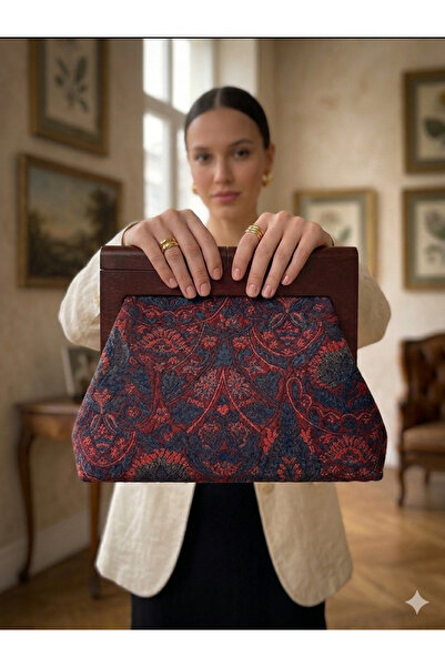 MK - Etnik Desenli Kumaş El Yapımı Ahşap burslu Çanta