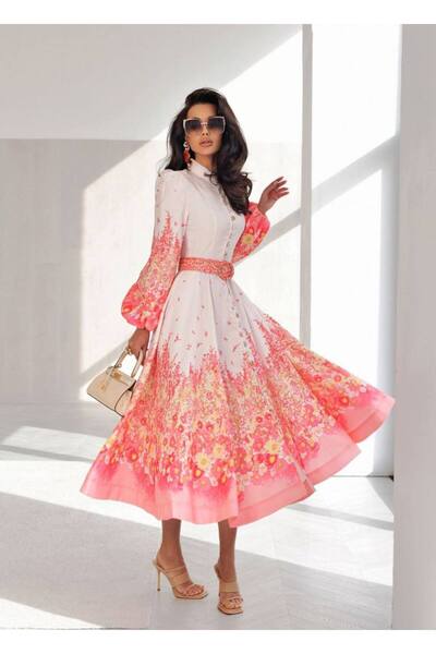 WellWay Linen Fabric Zimmerman Model Lace Detailed Dress (Belt Included)-Pink...