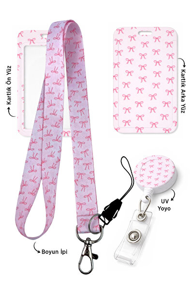 StormiStoretr Pembe 3 lü Fiyonk Desenli Çekmeli Yoyo Kartlık Boyun Askı İpi D...