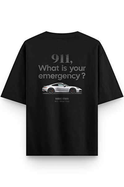 Overoz 911 Car Back Printed Semi Oversize Black Tshirt 1423