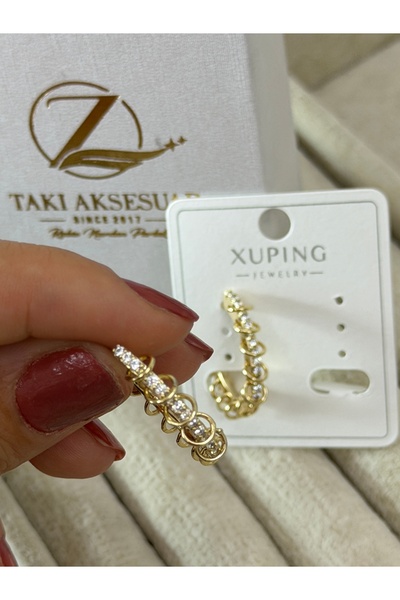 Butik XUping 14Ayar Altın Kaplama Halka Detaylı Taşlı su yolu Küpe