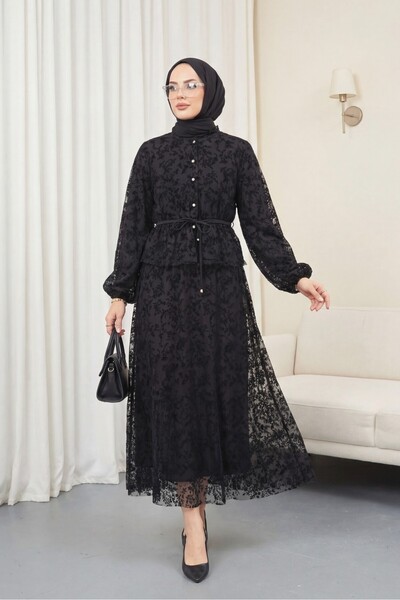 Modamorfo High neck flog print balloon sleeve waist tie skirted lined tulle s...