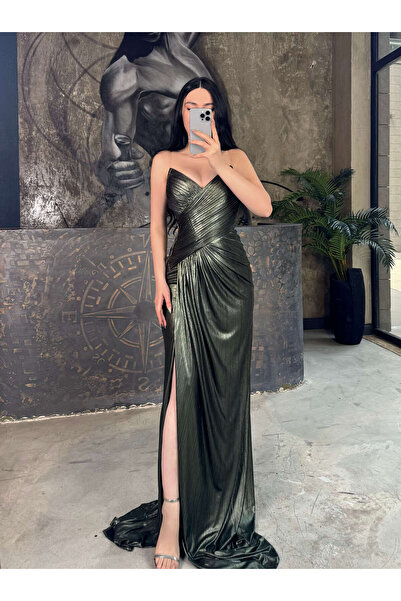 missswans Troya Şeffaf Askılı Arkası Bağcıklı Uzun Boy Drapeli Parlak Kumaş A...