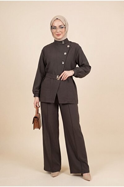 Modamorfo Gold Buttoned Buckle Belted Ruffle Detailed Cupra Set -K. Coffee