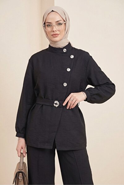 Modamorfo Gold buttoned buckled belted ruffle detailed cupra suit - black