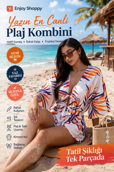 Enjoy Women's Tropical Patterned Beach Shorts with Tie Detail, Double Set, Wh...