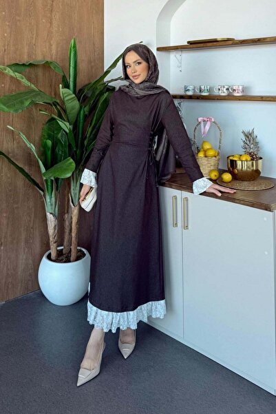 Hazamoda Lace Detailed Denim Dress Brown