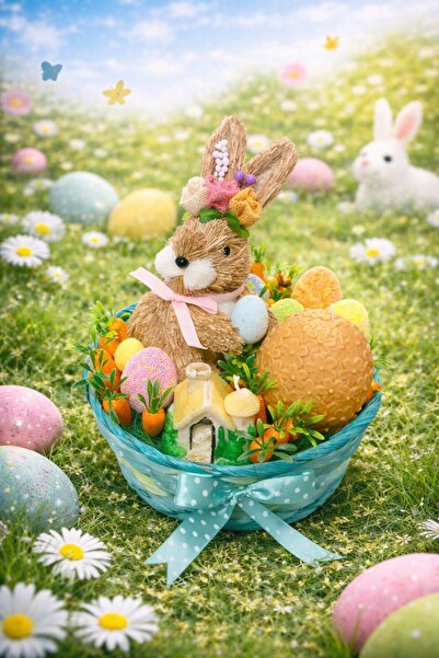 OEM Aranjament Paste cos rachita cu iepure si casuta, lumanari ceara soia par...