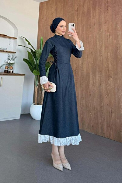 Hazamoda Lace Detailed Denim Dress Navy Blue