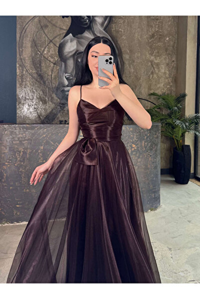 missswans Arniya İp Askılı Arkası Bağcıklı Uzun Boy Abiye Kahve